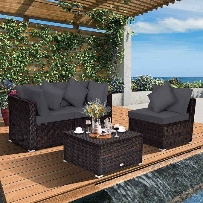 Tangkula 4 Pieces Patio Rattan Sofa Set, Outdoor Wicker Sectional Furniture Set - Image 4