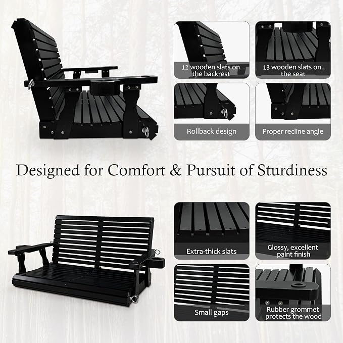 Wooden Porch Swing 2-Seater, High Backrest and Deep Seat, Bench Swing - Image 5