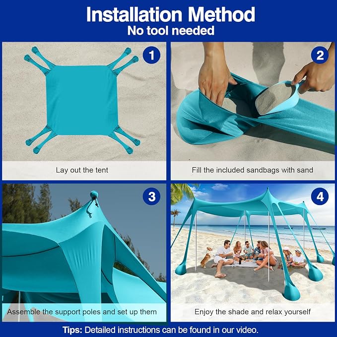 Rhino Valley Beach Tent Shade Canopy UPF50+ Protection, 8 Sandbags, 4 Stability - Image 5
