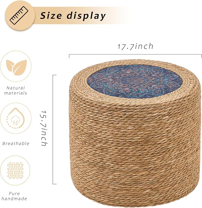 Handwoven Ottoman Pouf, Natural Seagrass Footstool, Round Braided Outdoor Seat - Image 3