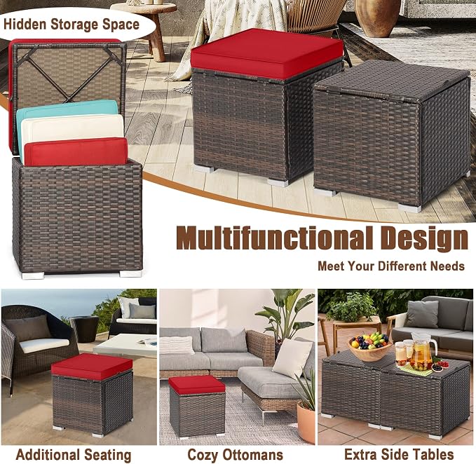 DORTALA Outdoor Storage Ottoman Wicker 2 Piece, Patio Ottomans PE Rattan Foot - Image 7