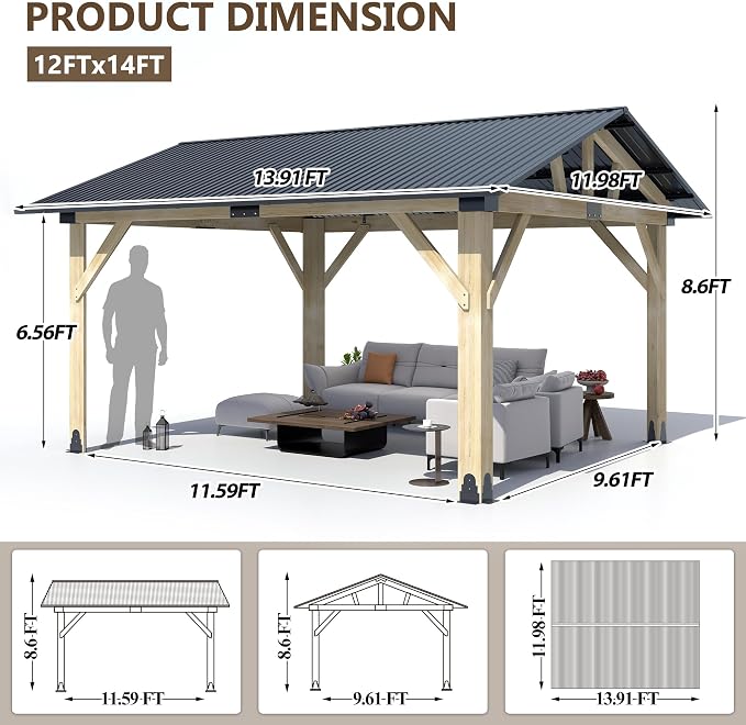 Wood Gazebo 12'x14', Cedar Wooden Gazebos, Outdoor Hardtop Gazebo - Image 2
