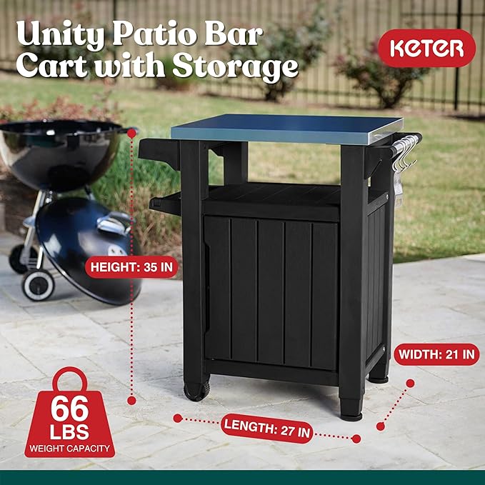 Keter Unity Small 40 Gallon Grill Prep Table and Storage Cart, Portable Serving - Image 2