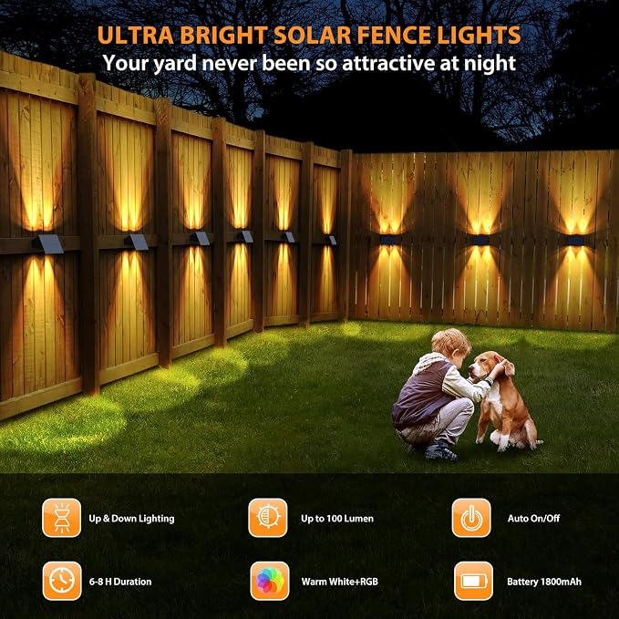 Solar Fence Lights, 12 Pack Solar Lights Outdoor Warm White + RGB Up & Down - Image 5