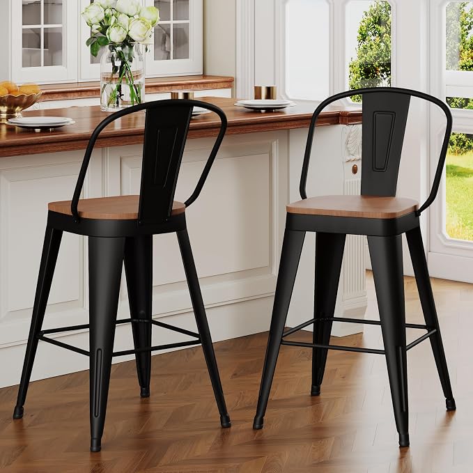 ALISH 30 Inch Industrial Bar Stools Set of 2, High Back Metal Barstools - Image 4