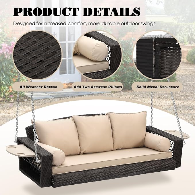 3-Person Hanging Porch Swing, Outdoor Wicker Hanging Swing Chair, 76inch Wicker - Image 5