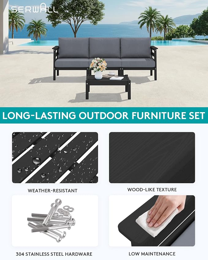 SERWALL HDPE Patio Furniture Set, 4 Pieces Outdoor Sectional Sofa Set, - Image 3