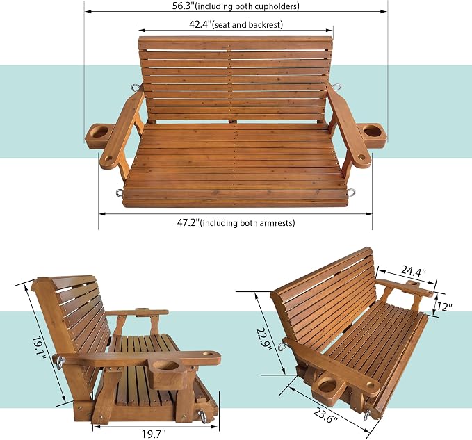 Wooden Porch Swing 2-Seater, High Backrest and Deep Seat, Bench Swing - Image 6
