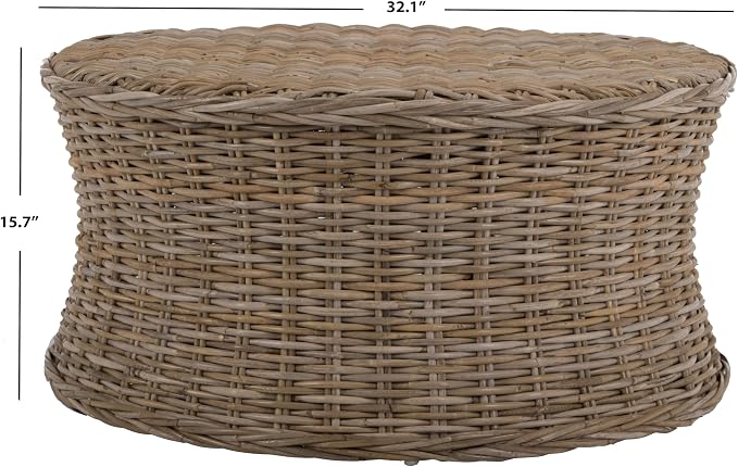 SAFAVIEH Home Collection Ruxton Natural Rattan Round Coffee Table Ottoman - Image 3