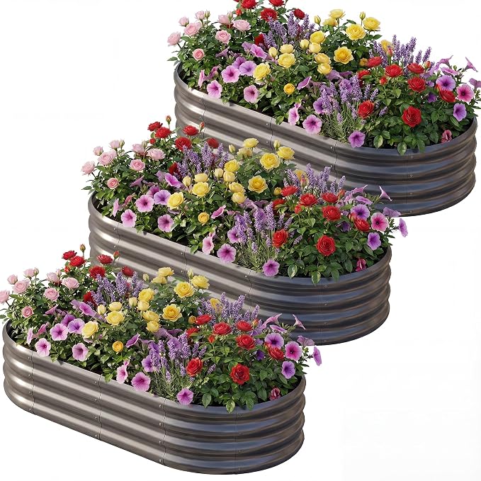 AHEONLAR 3 Pack 6×3×1ft Galvanized Raised Garden Beds, Oval Durable Planter by AHEONLAR