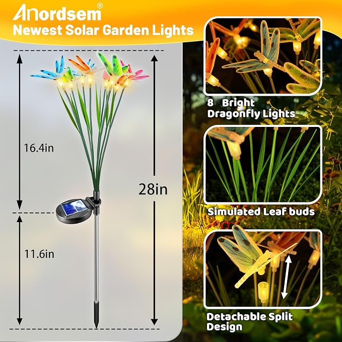 Anordsem Solar Garden Lights Outdoor: 8 Removable Optical Fiber Dragonflies 2 - Image 2