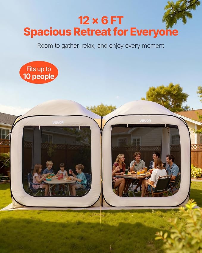 VEVOR 12x6ft 2-in-1 Pop-Up Screen House Tent, Dual Room Screen Gazebo, Portable - Image 3