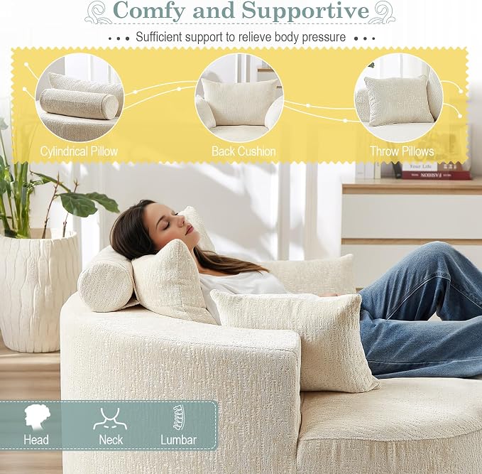 Oversized Round Chaise Longue Chair Indoor, Modern 55-inch Upholstered Chenille - Image 4