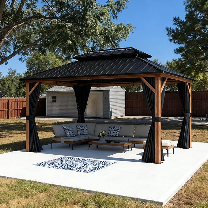 PURPLE LEAF 10' X 14' Hardtop Gazebo Outdoor Wood Grain Aluminum Frame by PURPLELEAF