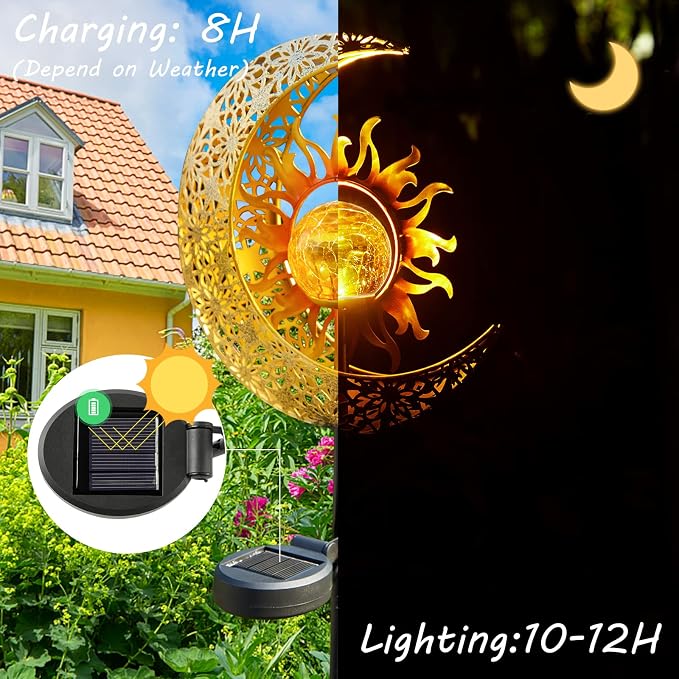 LICKLIP Garden Solar Lights Outdoor Decorative, Sun & Moon Crackle Glass Globe - Image 4