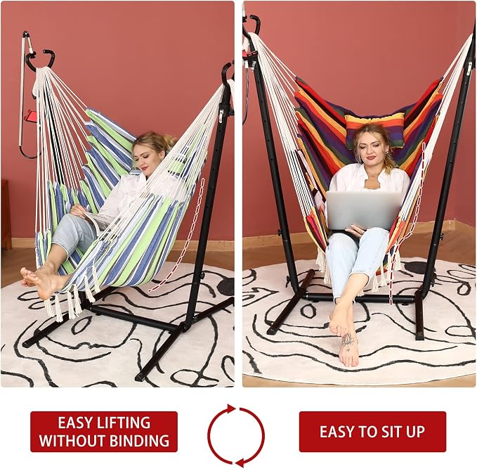 ZEYU Hammock Chair with Stand Double Hammock Chair Bohemian Style with Tassel - Image 2