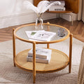 VINGLI 25.6" Rattan Coffee Table, Round Water-Wave Glass Metal Center Table by VINGLI