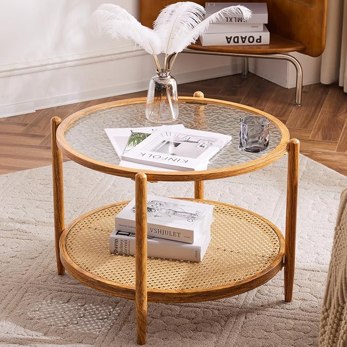 VINGLI 25.6" Rattan Coffee Table, Round Water-Wave Glass Metal Center Table by VINGLI