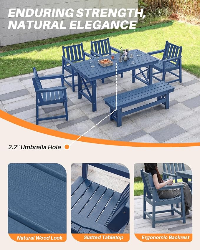HDPE Outdoor Dining Set of 6, Patio Dining Table Set - Image 8