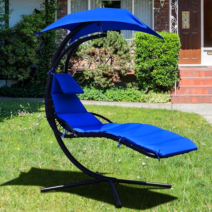 Giantex Hanging Chaise Lounger Chair, Arc Stand Porch Swing Chair w/Canopy - Image 2