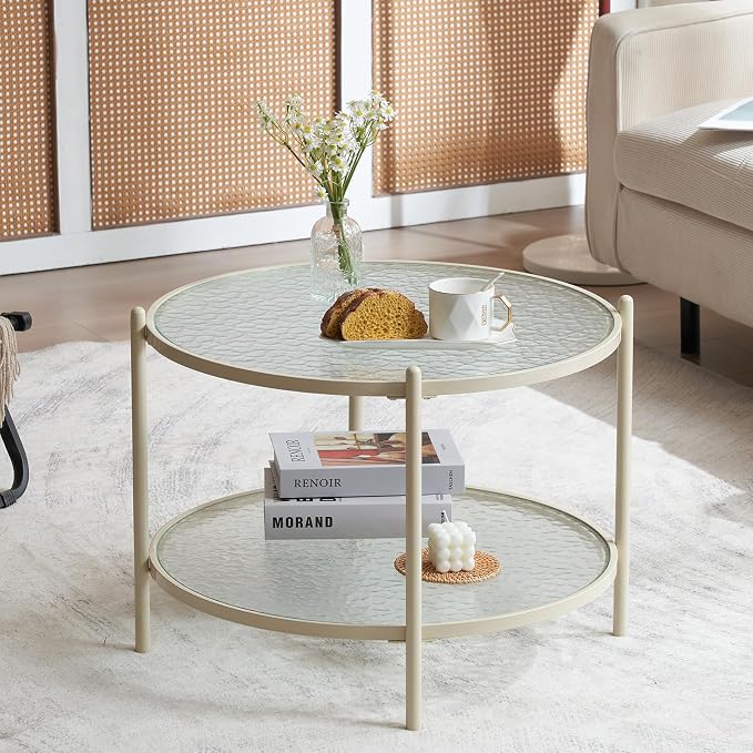 VINGLI 25.6" Small Cream White Round Coffee Table Water-Wave Glass Circle Clear by VINGLI