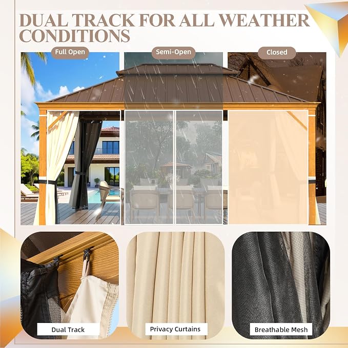 YOLENY 12'x16' Hardtop Gazebo, Wood Grain Aluminum Frame Outdoor Gazebo - Image 5