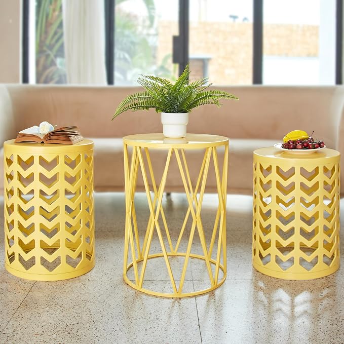 Nesting Side Table Set of 3 Decorative Round Garden Stools - Image 4