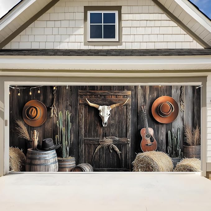 ANNA QUEEN Western Cowboy Garage Door Banner 6x13FT, Rustic Barn Door Backdrop by ANNAQUEEN