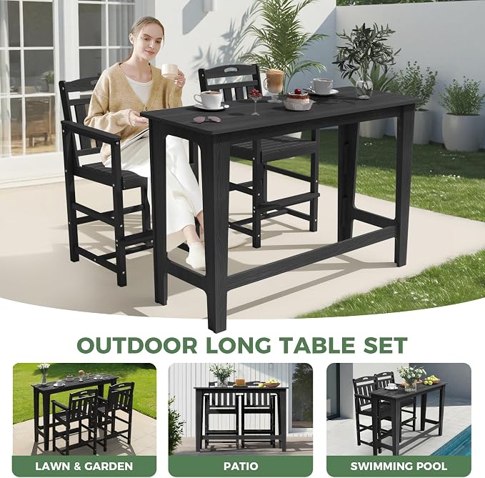 Outdoor Patio Bar Height Table and Tall Adirondack Chairs Set of 2, All-Weather - Image 8