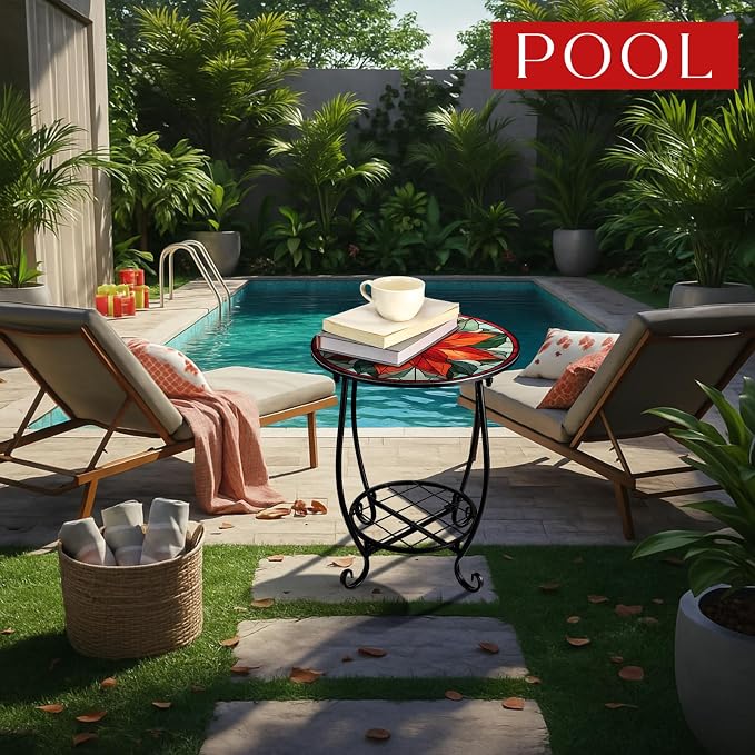 Outdoor Side Table Round Small Mosaic Patio Accent Indoor End Plant Coffee Tea - Image 4