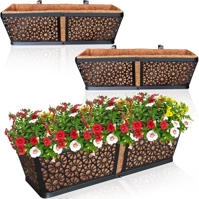 ZeeDix 3 Pack Metal Window Box for Railings, 24 Inch Over Railing Planter Boxes by ZeeDix