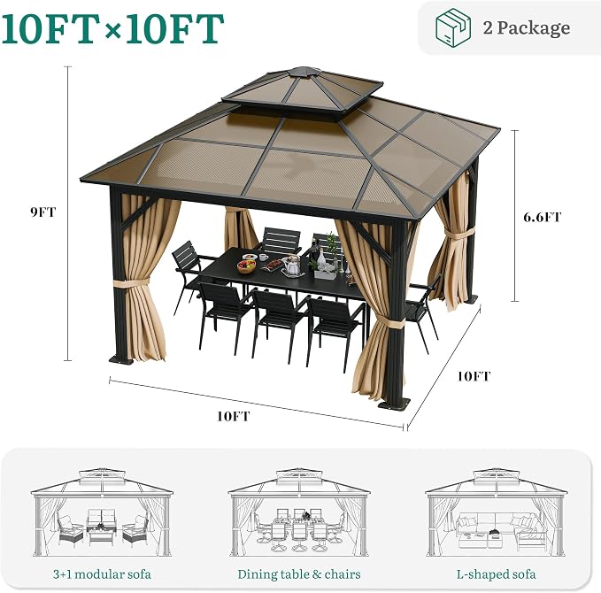 YITAHOME 10X12FT Polycarbonate Gazebo Outdoor Patio Double Top Canopy - Image 8