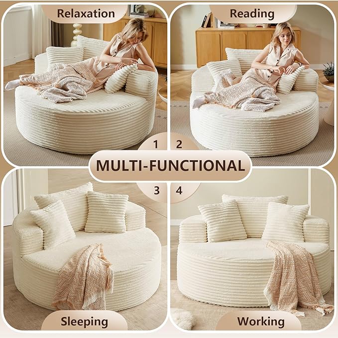 Oversized Round Chair Lounge Chaise Indoor, Upholstered Corduroy Deep Seat - Image 6