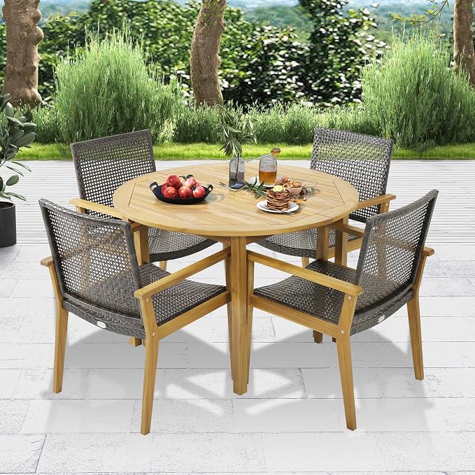 Tangkula 5 Pieces Patio Dining Set, 4 Patio Wicker Armchairs and Round Acacia - Image 3