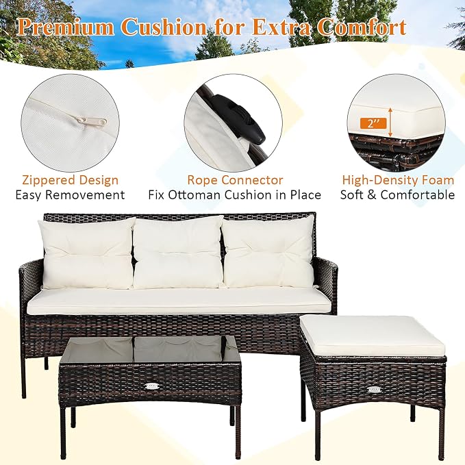 Tangkula 3 Pieces Patio Conversation Set, Outdoor PE Rattan Wicker Furniture - Image 7