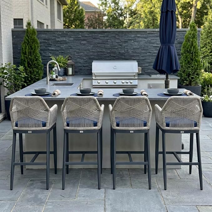 PURPLE LEAF Patio Sunbrella Bar Height Stools 28" H Set of 4 Boho Rattan by PURPLELEAF