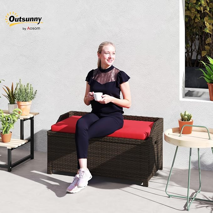 Outsunny 34 Gallon Outdoor Wicker Storage Bench Deck Box, PE Rattan Patio - Image 2
