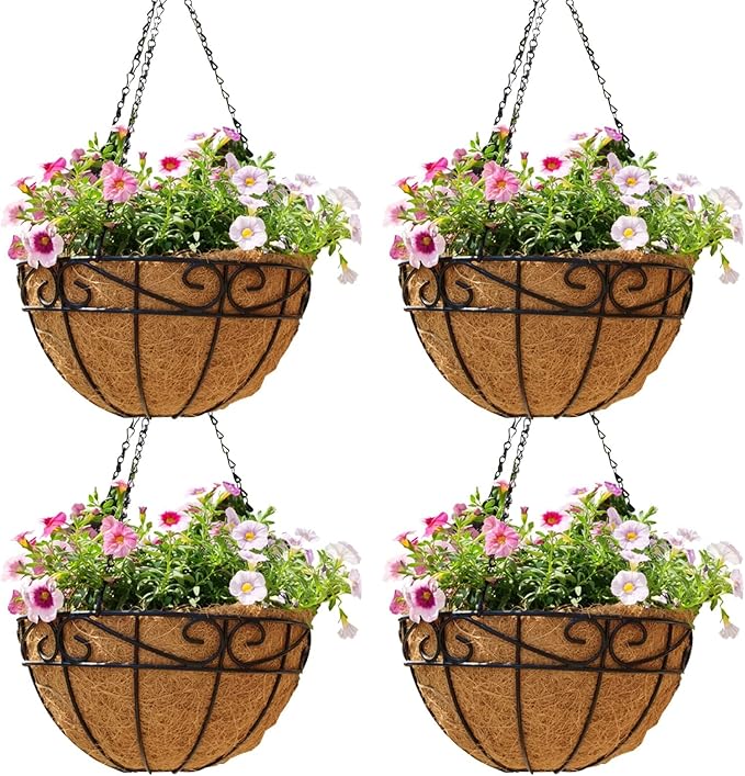 12 inch Metal Hanging Baskets For Plants Outdoor 4 Pack Round Metal Wire by JFFLYIT