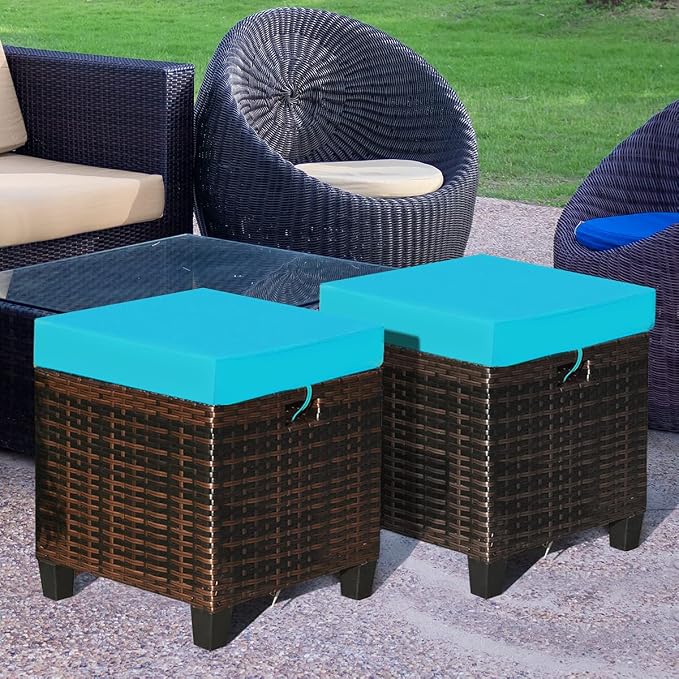 2PCS Patio Outdoor Ottomans, Rattan Wicker Ottoman Seat w/Removable Cushions - Image 2