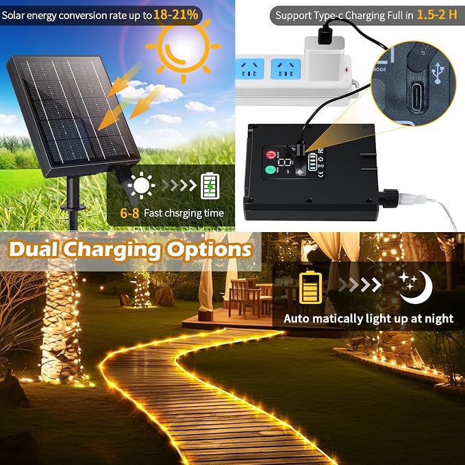 Solar Rope Lights 98FT Waterproof 300LEDs, Rechargeable Solar String Light - Image 2