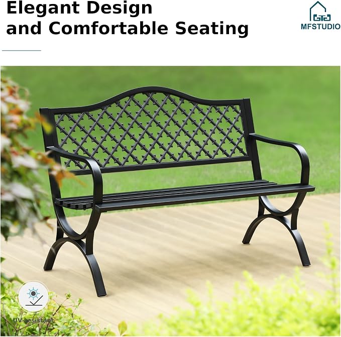 MFSTUDIO Outdoor Metal Bench Set of 2, Cast Iron Frame Patio Furniture - Image 8