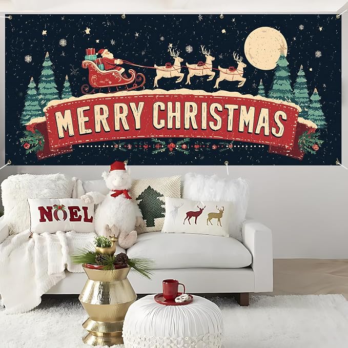ANNA QUEEN Christmas Garage Door Banner 6×13 FT, Retro Santa Sleigh & Merry - Image 6