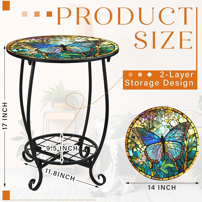 Outdoor Side Table Round Small Mosaic Patio Accent Indoor End Plant Coffee Tea - Image 3