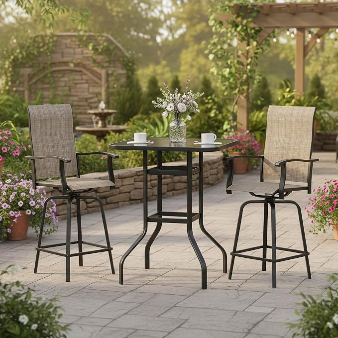 3-Piece Patio Bar Set with Textilene Swivel Bar Stools, All-Weather Bar Height - Image 2