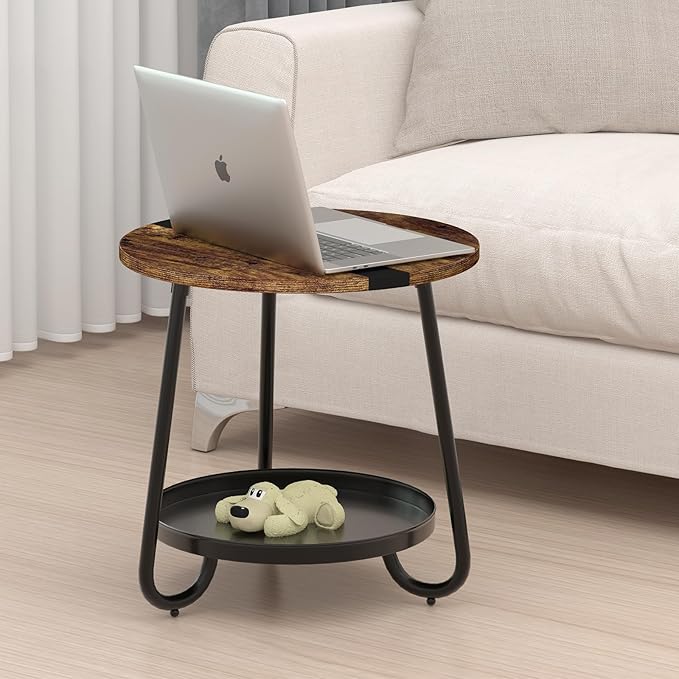 2 Tier Coffee Table in Living Room, Industrial Style Round Coffee Table - Image 2