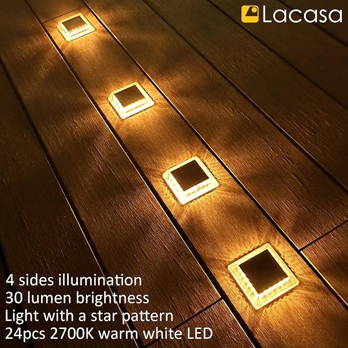 Lacasa Solar Deck Lights, 4 Pack 30LM LED Dock Light Warm White 2700K, Outdoor - Image 6