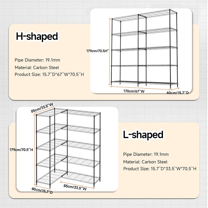 5 Tiers Storage Shelves Load 1500LBS, Metal Shelving Wire Metal Shelving Unit - Image 3