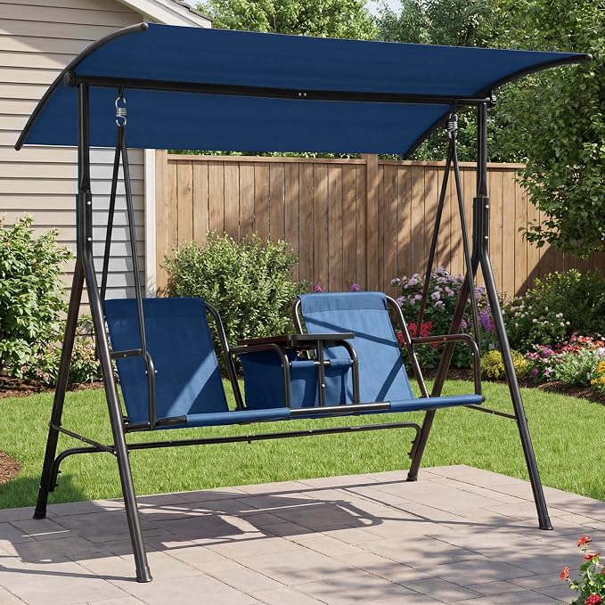 Porch Swing with Cup Holders & Pivot Storage Table & Cooler Bag with Adjustable - Image 9
