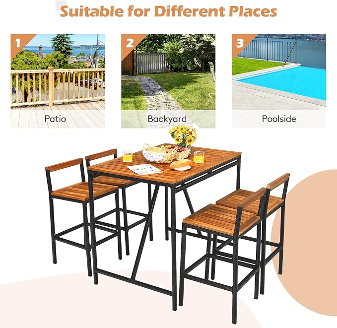 Tangkula 5-Piece Outdoor Acacia Wood Bar Table Set, Bar Height Outdoor and - Image 8
