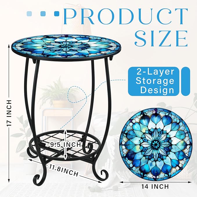Outdoor Side Table Round Small Mosaic Patio Accent Indoor End Plant Coffee Tea - Image 3